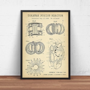 May include: Black and white illustration of a Tokamak Fusion Reactor patent drawing. The patent was filed on 27 September 1988, and the patent number is 4,774,048. The drawing shows different views of the reactor, including a cross-section and a side view. The inventor is listed as Pien-Pang Yang, and the current assignee is the US Department of Energy.