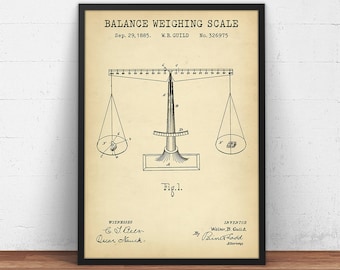 May include: A vintage patent drawing for a balance weighing scale. The drawing shows a scale with two pans and a graduated beam. The patent information includes the date September 29, 1885, the inventor's name W.B. Guild, and the patent number 326975.