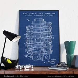 May include: A blueprint style illustration of a multistory building structure, patent number 2698973, dated January 11, 1955. The patent is for a building design by William Zeckendorf and I.M. Pei.
