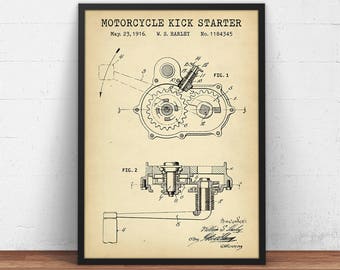 Motorcycle Kick Starter Patent Print, Motorbike Poster Print, Instant Download Blueprint Art, Cafe Racer Gifts, Wall Art Decor