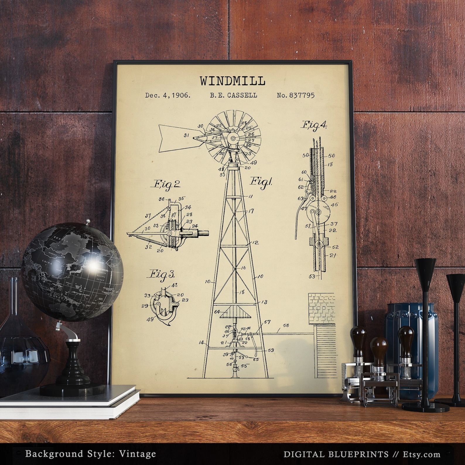 Windmill Patent Print Antique Windmill Blueprint Farm Wall | Etsy