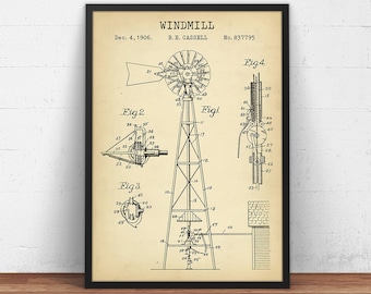 Lámina de patente de molino de viento, plano antiguo de molino de viento, arte mural de granja, póster de molino de viento, decoración de casa de campo, regalos de ciencia de la electricidad