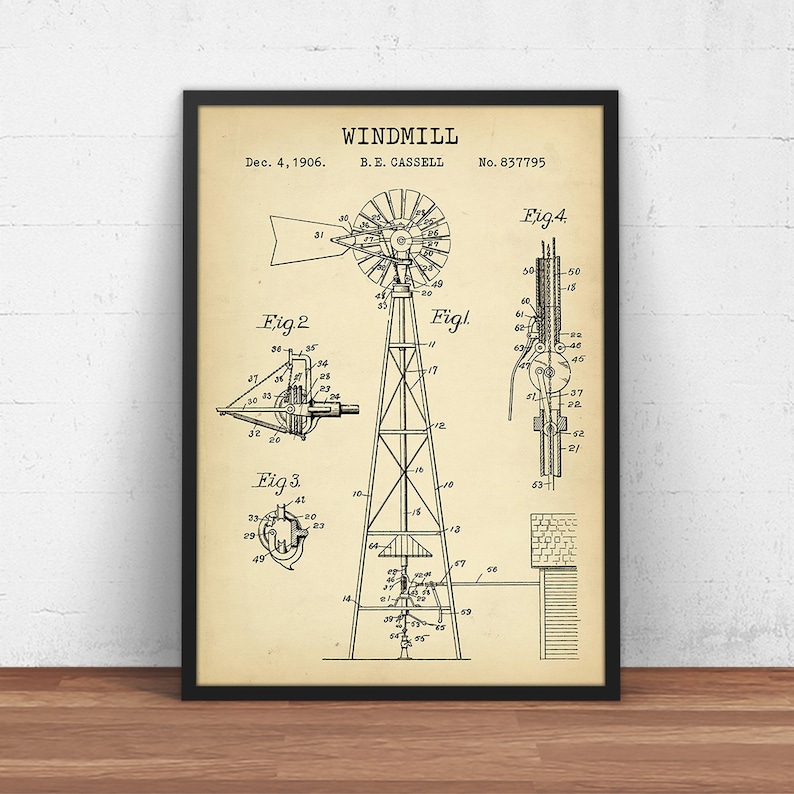 Windmill Patent Print Antique Windmill Blueprint Farm Wall - Etsy