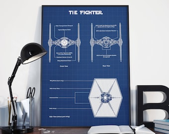 Star Wars TIE Fighter Blueprint Art,  Tie Fighter battle, Star Wars Fan Gift, The Force Awakens Wall Decor, Schematic Print