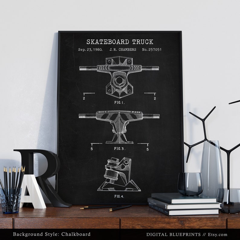 May include: Black and white illustration of a skateboard truck patent drawing. The drawing shows four different views of the truck, labeled "Fig. 1", "Fig. 3", and "Fig. 4". The patent information reads "SKATEBOARD TRUCK", "Sep. 23, 1980", "J. R. CHAMBERS", and "No. 257051".