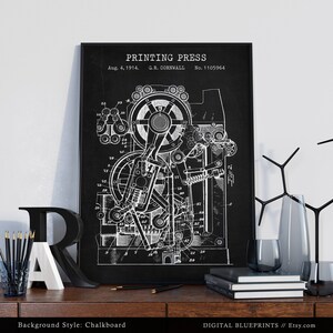 Printing Press 1914 Patent Print, Office Wall Art, Steampunk Art, Printing House Decor, Writers Journalist Gifts, Printer image 5