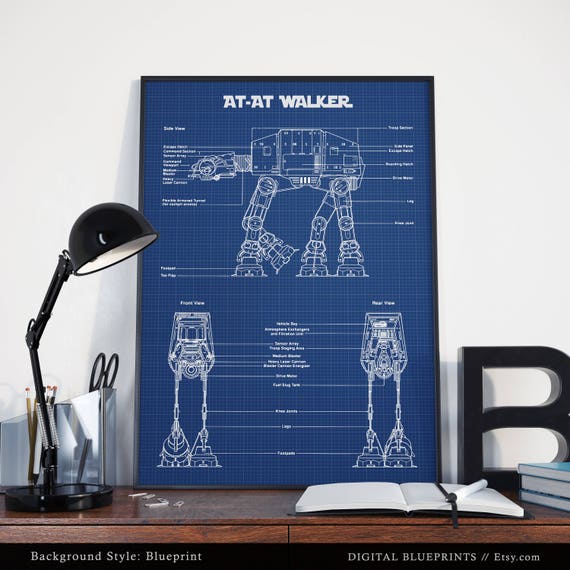 At At Walker Wall Art Star Wars Poster Printable Digital Download Blueprint Art Gifts Imperial Walker Star Wars Decor Schematic Diagram