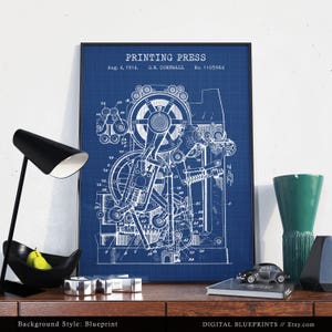 Printing Press 1914 Patent Print, Office Wall Art, Steampunk Art, Printing House Decor, Writers Journalist Gifts, Printer image 3