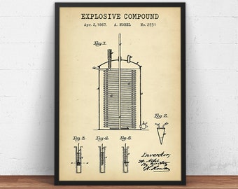 Dynamite Patent Print, Alfred Nobel Blueprint, Explosives, Explosive Device, Bomb, Mining Quarrying Construction Demolition, Wall Art Decor