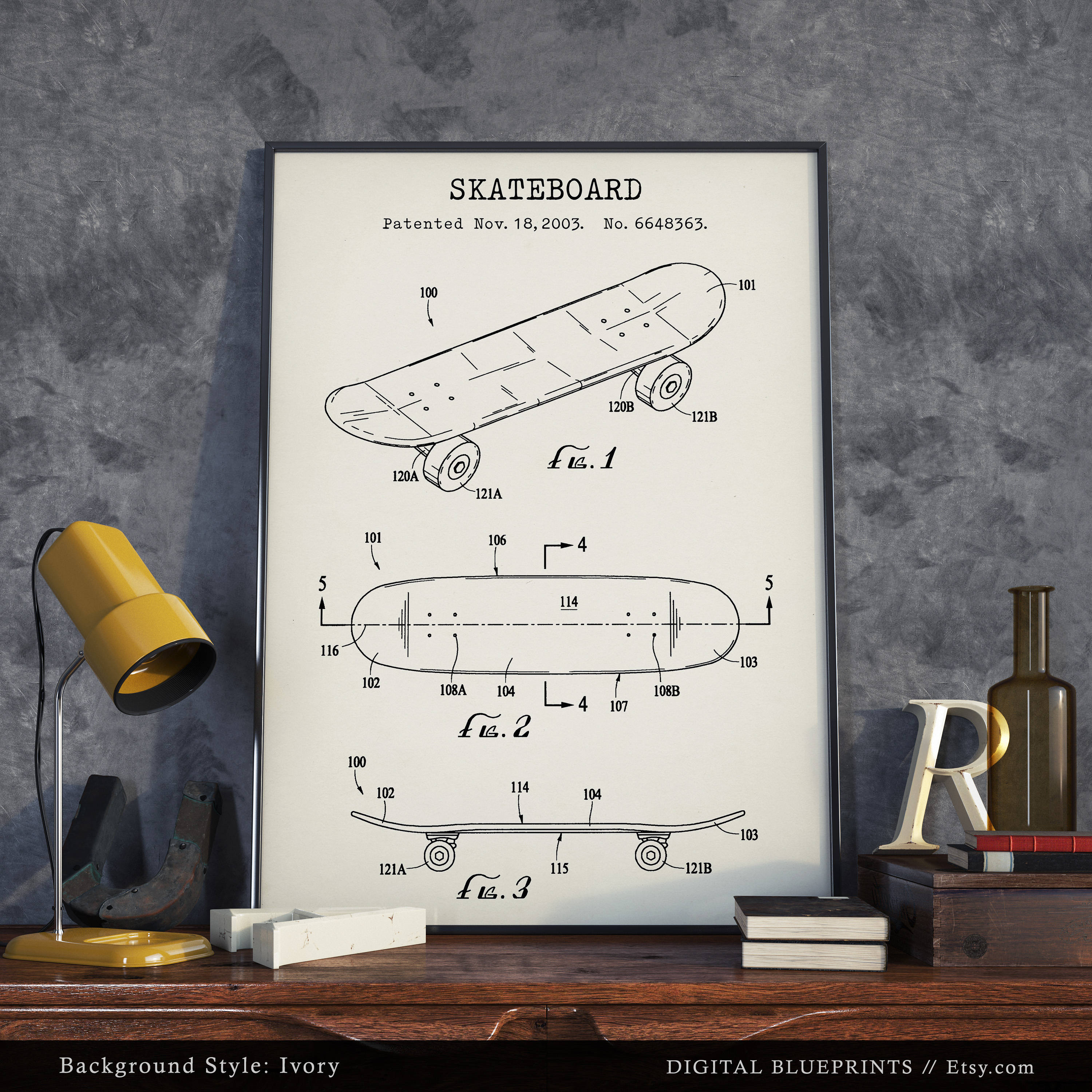 Skateboard Patent Print Digital Download Blueprint Art Etsy