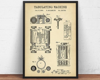 Tabular Machine Patent Print, Hollerith, Compiling Statistics, First Computer Blueprint, Technology Decor, Office Wall Art, Accountant Gifts