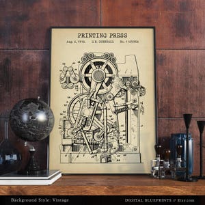 Printing Press 1914 Patent Print, Office Wall Art, Steampunk Art, Printing House Decor, Writers Journalist Gifts, Printer image 4