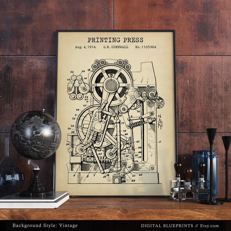 Printing Press 1914 Patent Print, Office Wall Art, Steampunk Art, Printing House Decor, Writers Journalist Gifts, Printer image 4