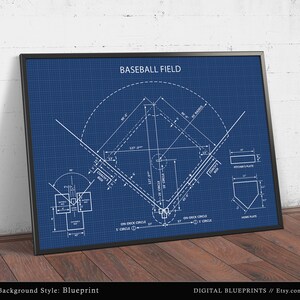 Puede incluir: Una ilustraci&oacute;n de estilo plano de un campo de b&eacute;isbol con medidas en pies. El fondo es azul y las l&iacute;neas son blancas. El texto "BASEBALL FIELD" est&aacute; en la parte superior de la imagen.