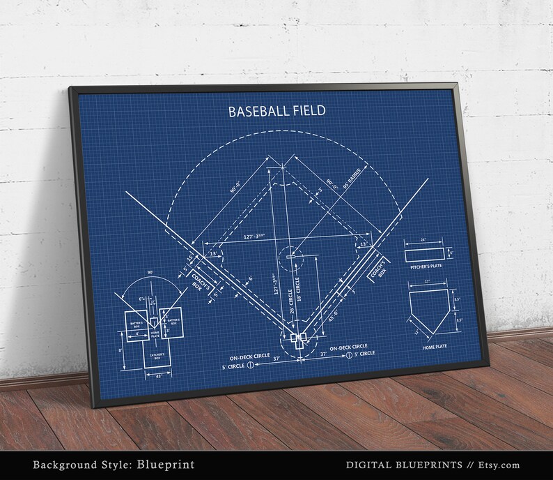 Puede incluir: Una ilustraci&oacute;n de estilo plano de un campo de b&eacute;isbol con medidas en pies. El fondo es azul y las l&iacute;neas son blancas. El texto "BASEBALL FIELD" est&aacute; en la parte superior de la imagen.
