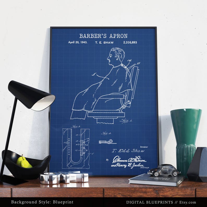 May include: A blueprint style illustration of a barber's apron patent. The patent is titled "Barber's Apron" and was filed on April 20, 1943, by T.E. Shaw. The patent number is 2,316,893.