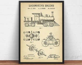 Vintage Locomotive Engine Patent Print, Locomotive Schematic, Railroad Art, Train Wall Art, Railway Decor, Steam Engine Blueprint, Nursery