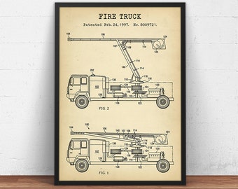Fire Truck Patent Print, Fireman Poster Print, Fire Truck Blueprint Wall Art, Fireman Gifts, Vintage Firefighter Print, Fire House Decor