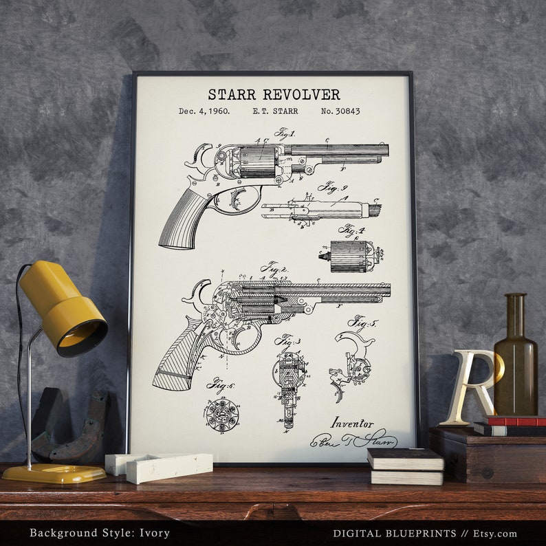 Starr Revolver, Gun Patent Print, Double Action Revolver, Handgun Blueprint Art, Weapon Design, Firearm Wall Art Decor image 2