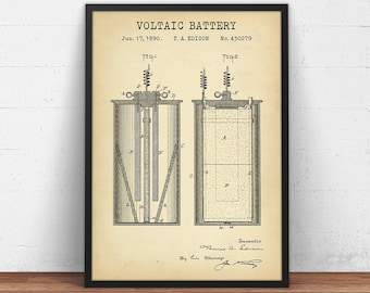 Battery Blueprint,  Thomas Edison Voltaic battery Patent Print, Battery Design, Battery Invention, Science Gifts, Print