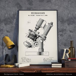 Lámina de patente de microscopio, regalos para estudiantes de ciencias, arte para paredes de hospitales, decoración para consultorios médicos, investigación médica, arte steampunk. imagen 2
