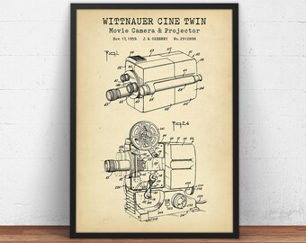 Stampa di brevetto di una cinepresa d'epoca, progetto della Wittnauer Cine Twin Camera, cinepresa e proiettore, arte cinematografica, decorazione murale per sale cinematografiche.