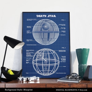 Death Star Poster Print, Star Wars Blueprint Kunst, Schematische Darstellung, Sci-Fi Film, Star Wars Wand Kunst Deco