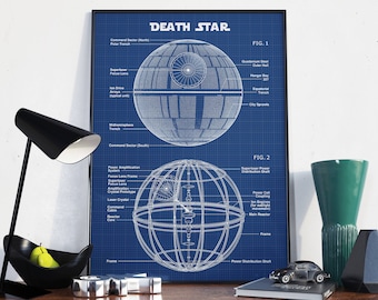 Death Star Poster Print, Star Wars Blueprint Art, Schematic Diagram, Sci-Fi Movie Print,  Star Wars Wall Art Decor