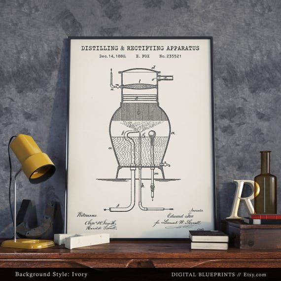 Whiskey Pot Still, Distilling Device Patent Print, Blueprint Art