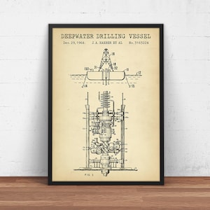 May include: A vintage black and white patent drawing of a deepwater drilling vessel. The drawing shows a detailed diagram of the vessel's drilling system, including the rig, pipes, and other equipment. The patent number is 3163224 and the date is 29 December 1964.
