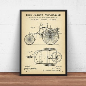 Mercedes Benz Patent Print, 1888 Benz Patent-Motorwagen, First Automobile Blueprint Art, German Auto Poster Daimler Wall Art, Man Cave Decor