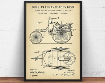 Mercedes Benz Patent Print, 1888 Benz Patent-Motorwagen, First Automobile Blueprint Art, German Auto Poster Daimler Wall Art, Man Cave Decor