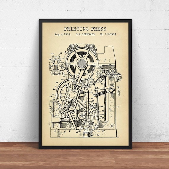Printing Press 1914 Patent Print,  Office Wall Art, Steampunk Art, Printing House Decor, Writers Journalist Gifts, Printer