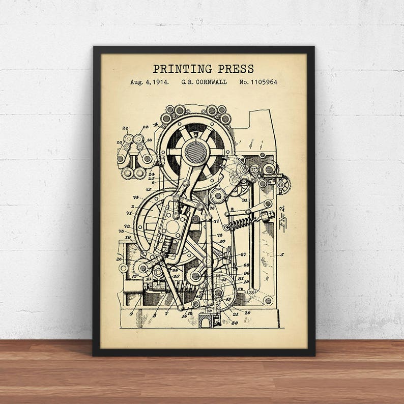 Printing Press 1914 Patent Print, Office Wall Art, Steampunk Art, Printing House Decor, Writers Journalist Gifts, Printer image 1