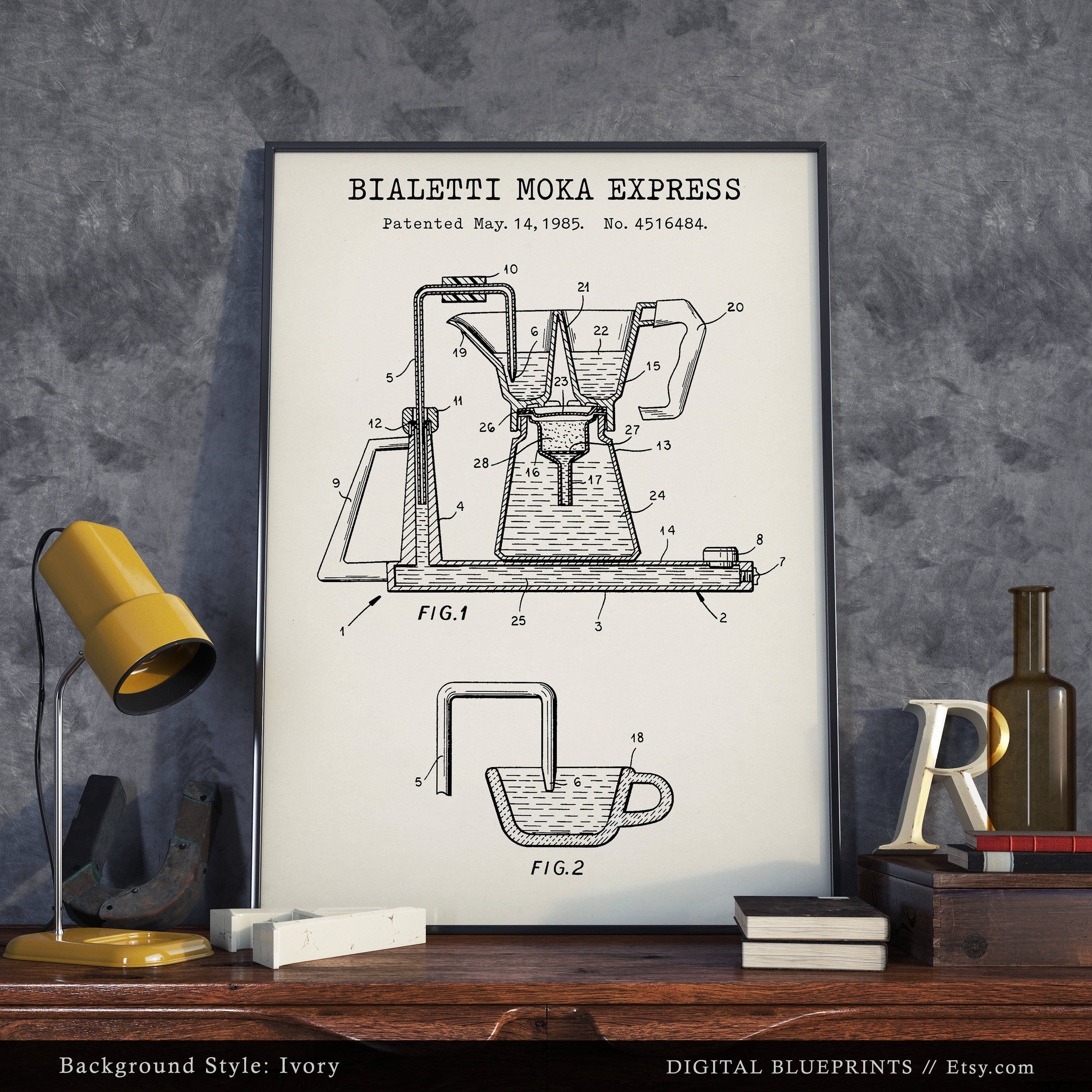 Bialetti Moka Pot Patent Poster, Moka Express Blueprint, Coffee
