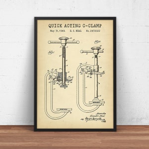 Quick Acting C-Clamp Patent Print,  C Clamp Blueprint Wall Art, Woodworking Decor, Hand Tools, Woodworker Carpenter Gifts
