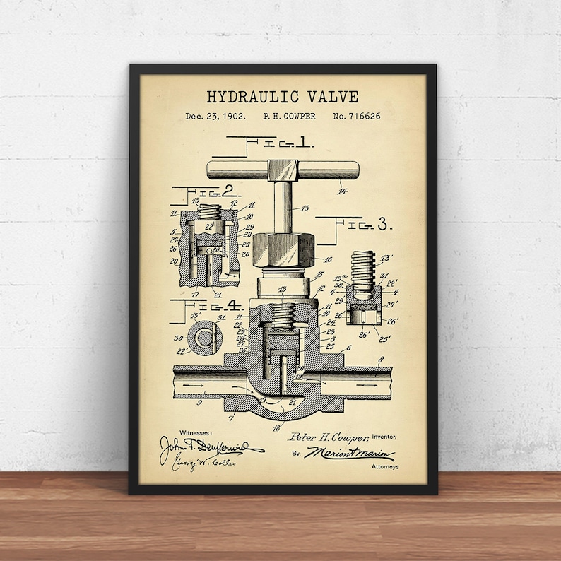 May include: A vintage patent drawing for a hydraulic valve, dated December 23, 1902. The drawing shows a detailed illustration of the valve's internal components and workings. The patent number, 716626, is clearly visible at the top of the drawing.