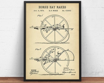 Horse Hay Rake Patent Print,  Farming Poster Print, Blueprint, Barn Wall Art, Farm Prints, Farmhouse Decor, Agriculture