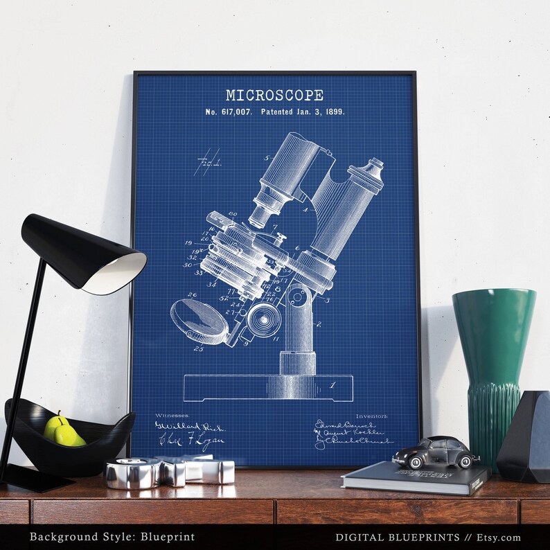 Lámina de patente de microscopio, regalos para estudiantes de ciencias, arte para paredes de hospitales, decoración para consultorios médicos, investigación médica, arte steampunk. imagen 3