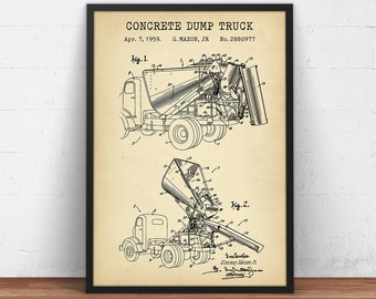 Concrete Dump Truck, Construction Patent Prints, Cement Truck Blueprint Art, Builder, Civil Engineer, Architect Gifts, Office Wall Decor