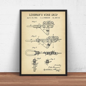 Lineman&#39;s Wire Grip Patent Print, Lineman Patent, Electrical Lineworker Gifts, Rigging Equipment, Cable Puller, Vintage Tool, Wall Art Decor