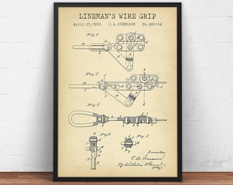 Lineman's Wire Grip Patent Print, Lineman Patent, Electrical Lineworker Gifts, Rigging Equipment, Cable Puller, Vintage Tool, Wall Art Decor