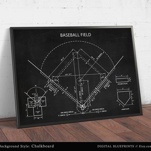 Puede incluir: Un diagrama en blanco y negro de un campo de b&eacute;isbol sobre un fondo de pizarra. El diagrama incluye las dimensiones del campo, el mont&iacute;culo del lanzador, el plato de home y las bases. El texto "BASEBALL FIELD" est&aacute; en la parte superior del diagrama.