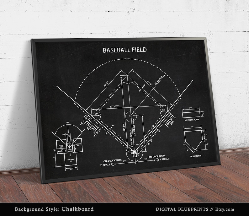 Puede incluir: Un diagrama en blanco y negro de un campo de b&eacute;isbol sobre un fondo de pizarra. El diagrama incluye las dimensiones del campo, el mont&iacute;culo del lanzador, el plato de home y las bases. El texto "BASEBALL FIELD" est&aacute; en la parte superior del diagrama.