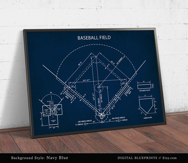 Puede incluir: Una ilustraci&oacute;n de estilo plano de un campo de b&eacute;isbol con dimensiones y marcas. El fondo es azul marino y las l&iacute;neas son blancas. El texto "BASEBALL FIELD" est&aacute; en la parte superior de la imagen.
