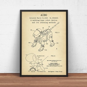 Op de afbeelding: Een zwart-witte lijntekening van een robot-hond patent. Het patent is getiteld "AIBO" en is gepatenteerd op 18 maart 2003. Het patentnummer is 6534943. De tekening toont de robot-hond in een looppositie. Het patent bevat ook een diagram van het lichaam van de robot-hond.