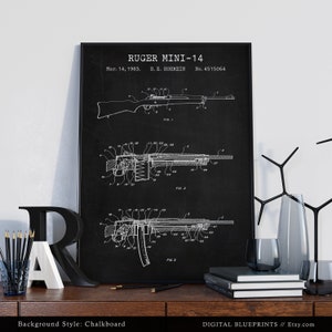 Op de afbeelding: Een zwart-witte blauwdruk-stijl illustratie van een Ruger Mini-14 geweer patenttekening op een krijtbord achtergrond. Het patentnummer is 4.515.064 en de datum is 14 maart 1983. Het patent is ingediend door H.B. Hohrein.