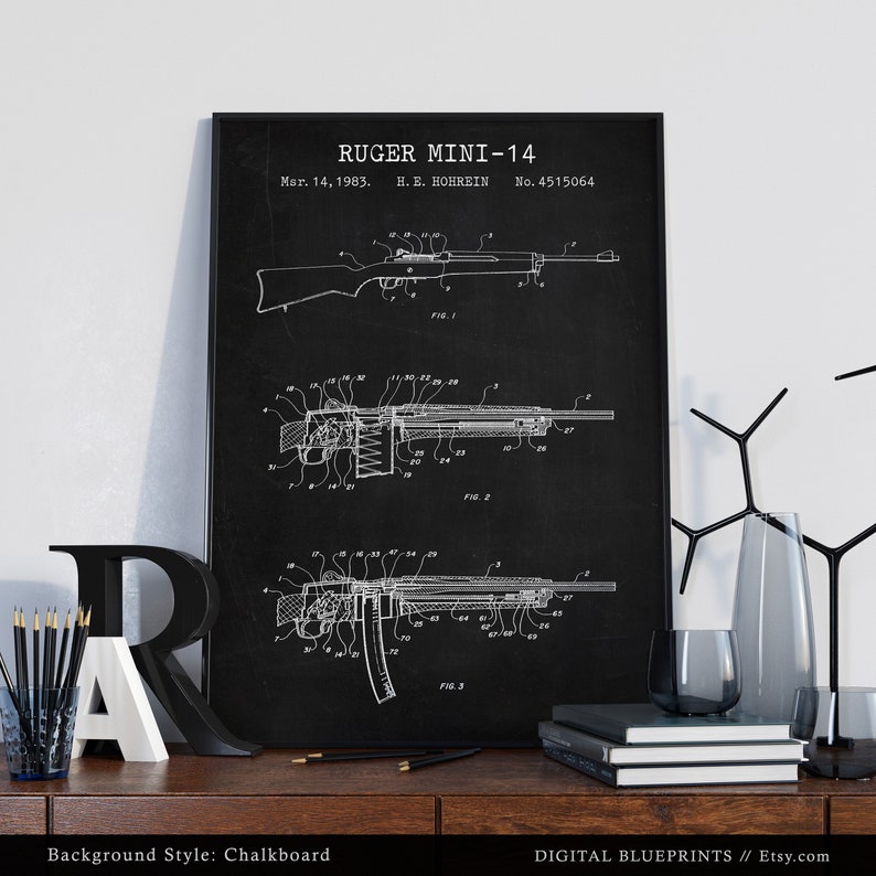 Op de afbeelding: Een zwart-witte blauwdruk-stijl illustratie van een Ruger Mini-14 geweer patenttekening op een krijtbord achtergrond. Het patentnummer is 4.515.064 en de datum is 14 maart 1983. Het patent is ingediend door H.B. Hohrein.