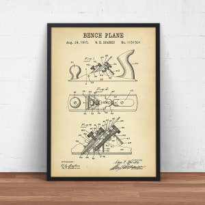 Bench Plane Patent Print,  Carpentry Tools, Carpenters Gift, Woodworking Decor, Furniture Making, Garage Wall Art, Crafters