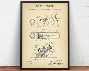 Bench Plane Patent Print,  Carpentry Tools, Carpenters Gift, Woodworking Decor, Furniture Making, Garage Wall Art, Crafters